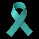 Black background with a teal awareness ribbon